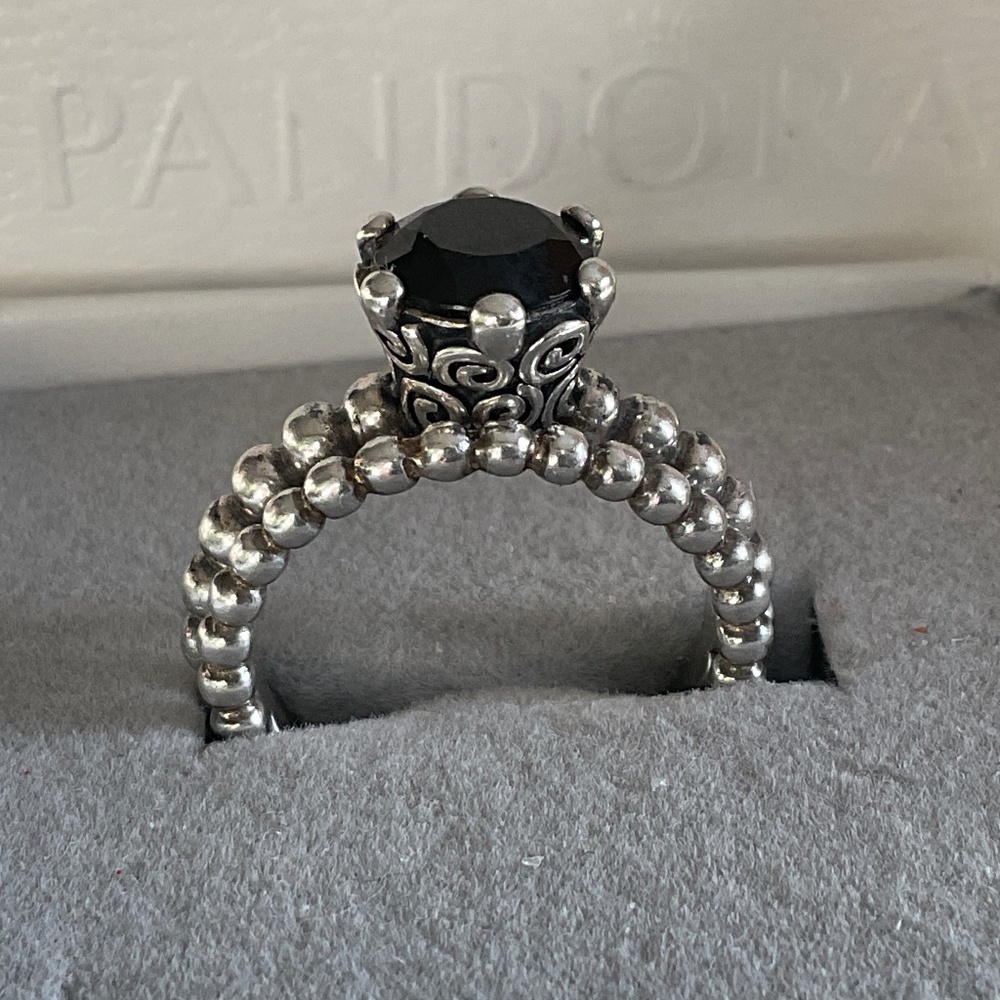 Pandora Silver Ring with Black Stone